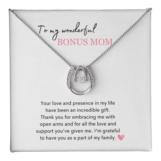 To My Wonderful Bonus Mom | Love and Support | Lucky in Love Necklace with Heartfelt Message | Mothers Day