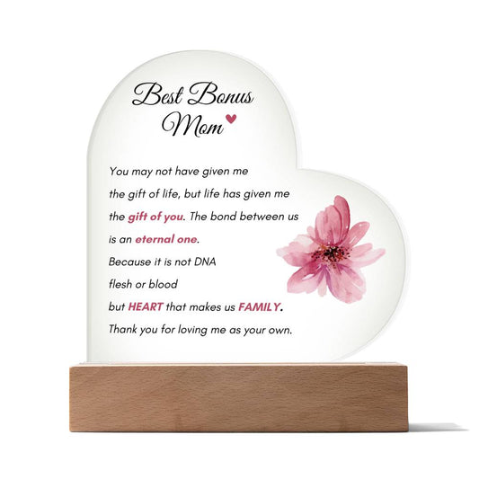 Bonus Mom Gifts | Printed Heart Acrylic Plaque | Mother in law Gifts | LED Night Light